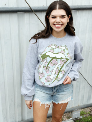 Gray Rolling Stones Floral Lick Raglan Sweatshirt