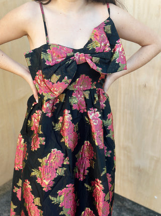 Scarlet Blossom Noir Bow Midi Dress