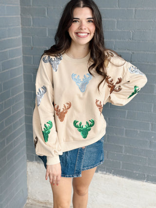 Beige Deer Head Sweatshirt